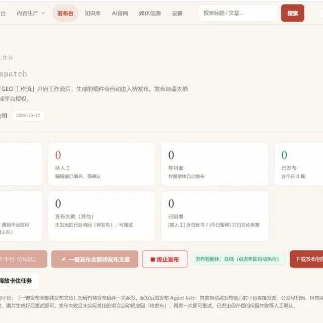 Publishing desk inside the platform, showing queue states for queued content