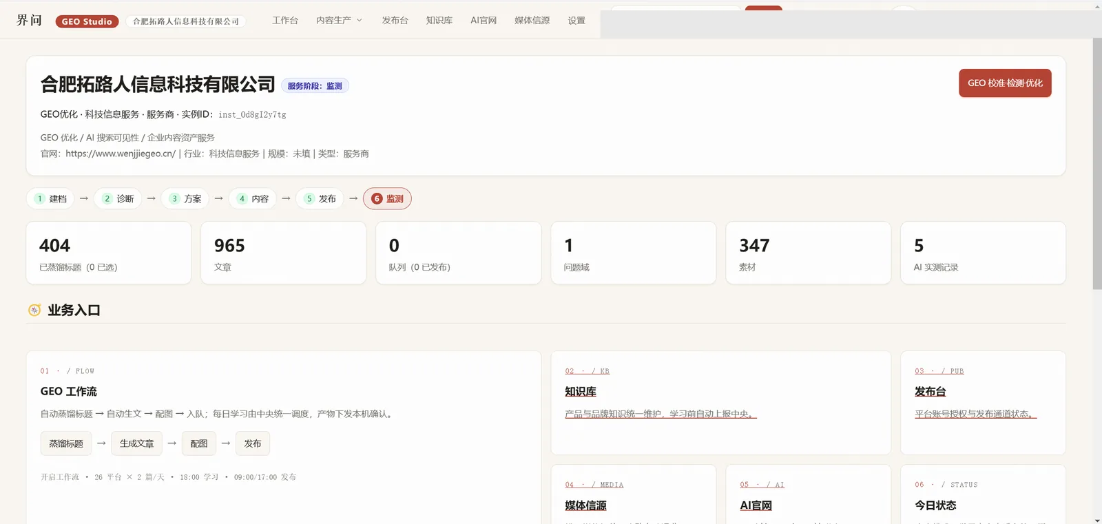 Tenant workspace overview showing service stages and content counters