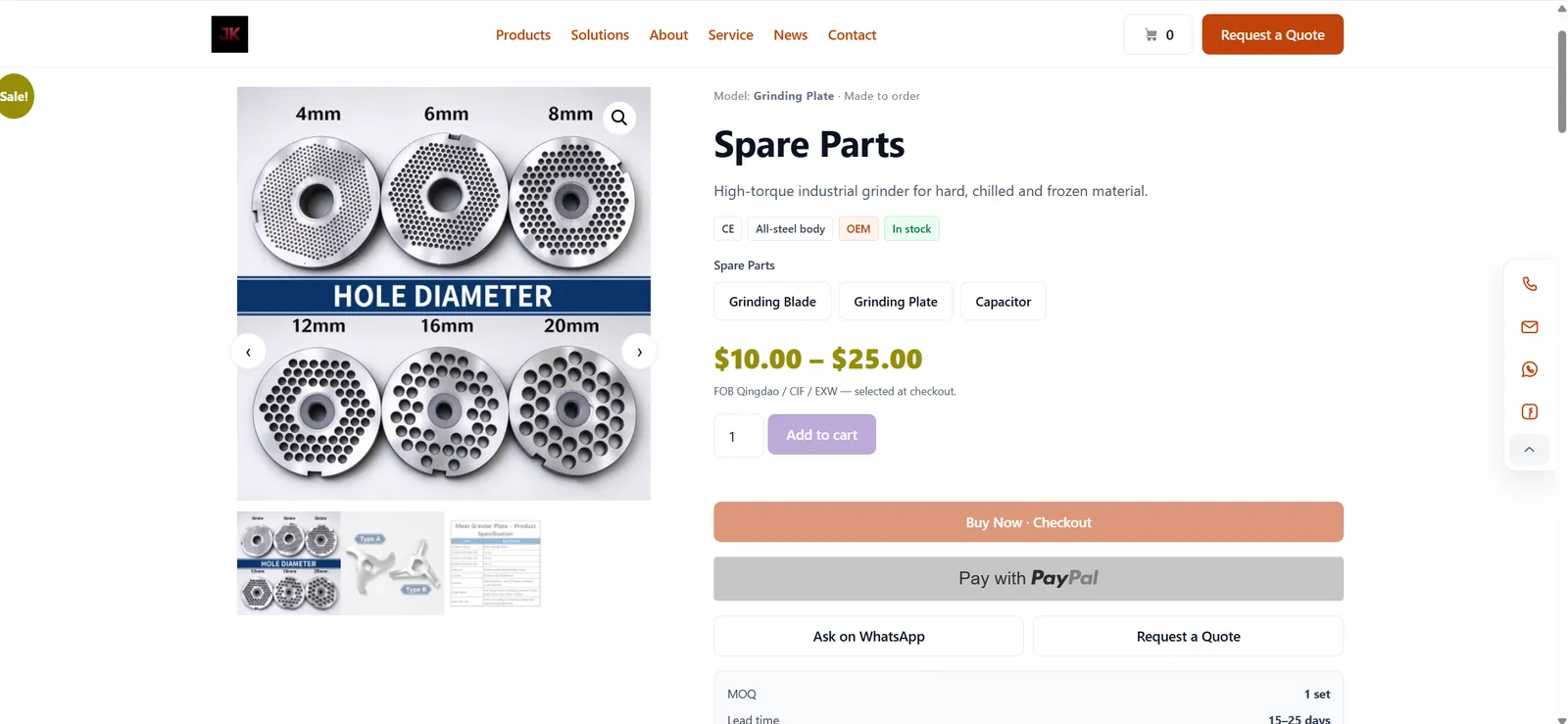 Spare part page with variants, stock count and a discounted price