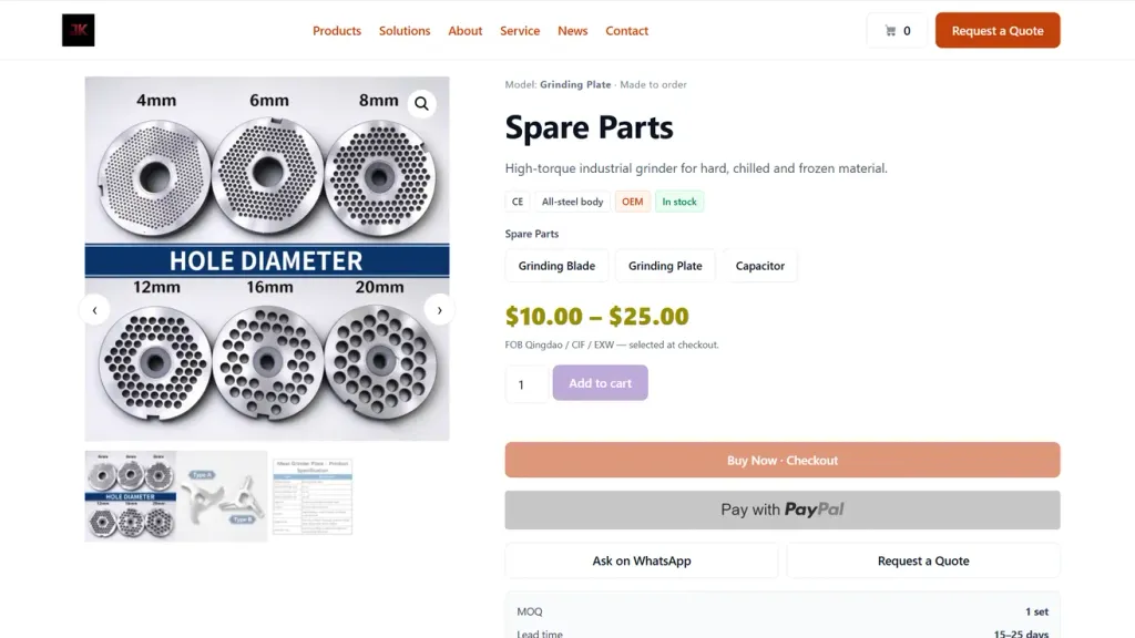 Spare part page with variants, live stock and a discounted price against the old one